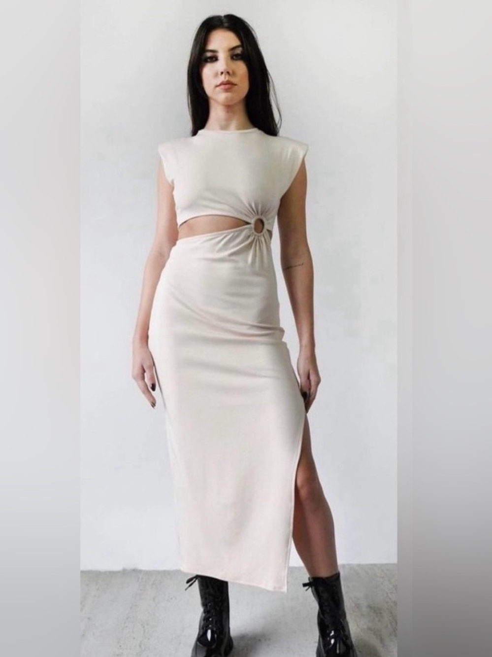 FORE Cut Out Beige Midi Dress Size S Sexy Stylish Trendy Jersey Stretch Festival